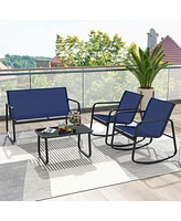 4 Pcs Patio Rocking Set Rocking Chairs & Loveseat with Glass-Top Table Outdoor