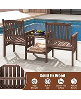 Outdoor Fir Wood Loveseat with 2-Tier Side Table and 1.96" Umbrella Hole