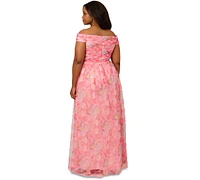 Adrianna Papell Plus Printed Tulle Off-the-Shoulder Gown