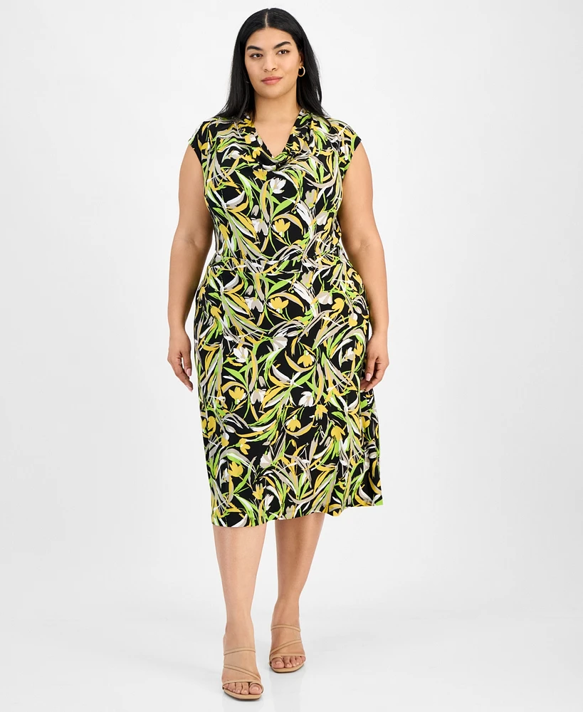 Kasper Plus Printed Pull-On Midi Skirt