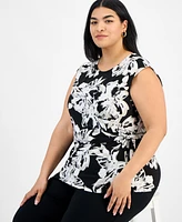 Kasper Plus Printed Cap-Sleeve Blouse