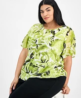 Kasper Plus Printed Flutter-Sleeve Blouse