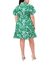 Msk Plus Printed Cotton Puff-Sleeve Belted Shirtdress