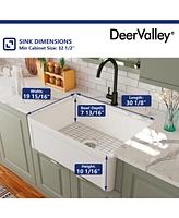 DeerValley 30" L x 20" W Single Bowl Fireclay Farmhouse Kitchen Sink with Bottom Grid and Strainer Drain