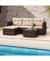 2-Piece Outdoor Wicker Furniture Set with Tempered Glass Coffee Table and Soft Cushions