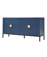 Vertical-Striped Four-Door Sideboard with Metal Legs and Semi-Circular Handles