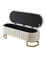Velvet Upholstered Ottoman Storage Bench, Button-Tufted, Beige