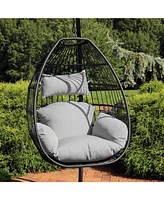 Delaney Black Resin Wicker Hanging Egg Chair with Gray Polyester Seat Cushions - 265-Pound Capacity - 50 Inches H