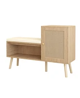 2-in-1 Shoe Bench with Cushion, Storage Shelves, and Natural Rattan