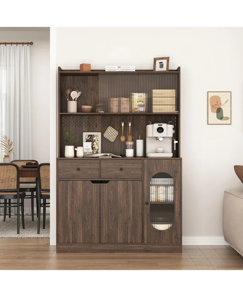 71" Tall Kitchen Cabinet with Reeded Glass Doors and Microwave Stand