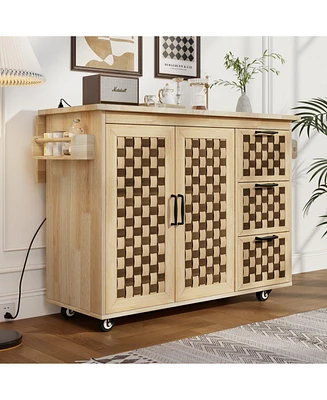 3D Woven Kitchen Island with Drop Leaf and Storage
