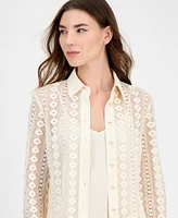 Anne Klein Women's Cotton Long-Sleeve Crochet Shirt