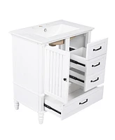 30" White Bathroom Vanity with Sink, Cabinet with Storage, Adjustable Legs