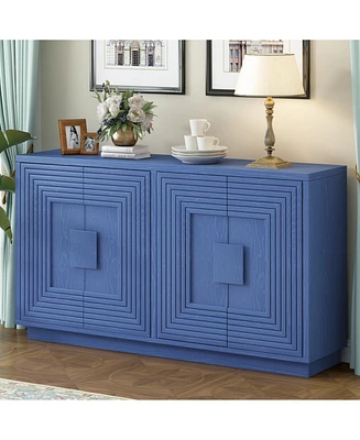 Distressed 4-Door Vintage Sideboard with Shelves and Geometric Pattern (Navy)