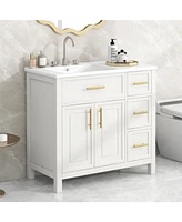 36" White Bathroom Vanity with Solid Wood and Mdf Cabinet, Sink Top, 2 Doors, 3 Drawers