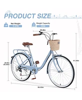 7 Speed City Bike With Basket, Steel Frame,Multiple Colors 26 Inch Girls Bicycle