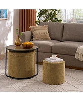 Ottoman with Table & Drum Stool, Multi-Functional w/ Storage - Dark Yellow