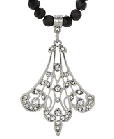 2028 Black Glass Bead Crystal Fan Necklace