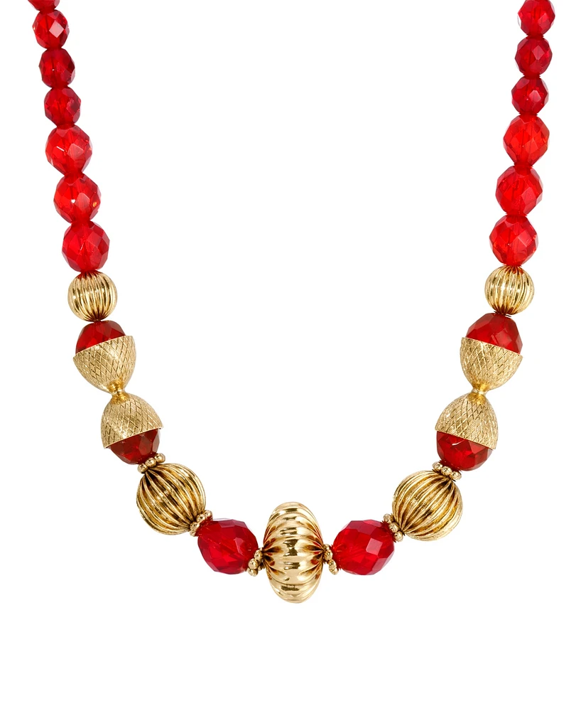 2028 14K Gold Dipped Red Glass Gold Bead Necklace