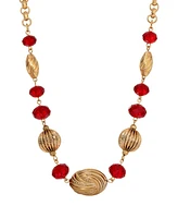 2028 Gold-Tone Red Glass Bead Necklace