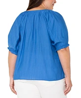 Liverpool Plus Woven Split-Neck Puff-Sleeve Blouse