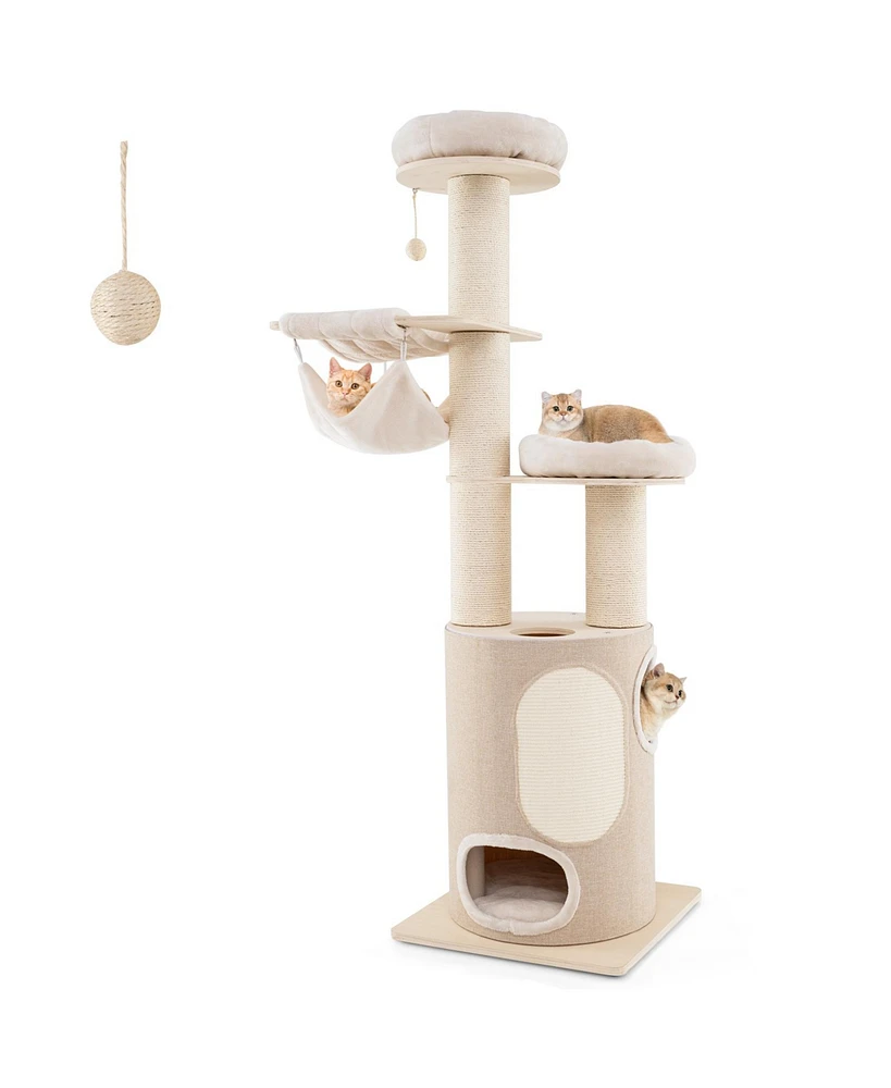 Wooden Cat Tower Tree with 2-Story Condo & Washable Cushions Stylish & Cozy Multi-Level Cat Furniture