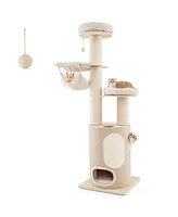 Wooden Cat Tower Tree with 2-Story Condo & Washable Cushions Stylish & Cozy Multi-Level Cat Furniture