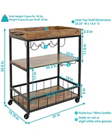 35-Inch 3-Tier Industrial Rolling Bar Cart for the Home - Wine and Glass Rack