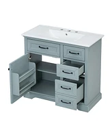 36" Bathroom Vanity with Sink, Ceramic Sink, 2 Tip-out Drawers, Soft Close Door Hinges, Grey
