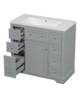 36" Bathroom Vanity with Sink Combo, One Cabinet and Six Drawers, Solid Wood and Mdf Board, Grey
