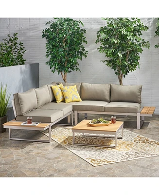 Rust-Resistant Sectional Sofa with Faux Wood Accents and Water-Resistant Cushions