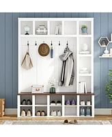 Farmhouse Hall Tree with 6 Hooks, Adjustable Shelves, Shoe Cabinet, Mudroom Storage, 76.7
