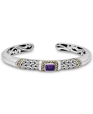 Devata Amethyst & Bali Cuff Bracelet in Sterling Silver and 18K Gold Accents, Large