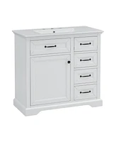 36" Bathroom Vanity with Sink, Ceramic Sink, 2 Tip-out Drawers, Soft Close Door Hinges, White