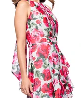 Betsy & Adam Women's Floral Print Ruffled Sleeveless Gown