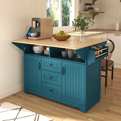 Large 55.7" Kitchen Island with Drop Leaf, Rolling Cart on 5 Wheels with Power Outlet, Folding Storage Dining Table