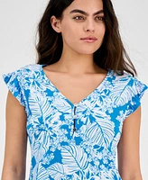 Ak Anne Klein Petite Printed V-Neck Ruffle-Sleeve Blouse