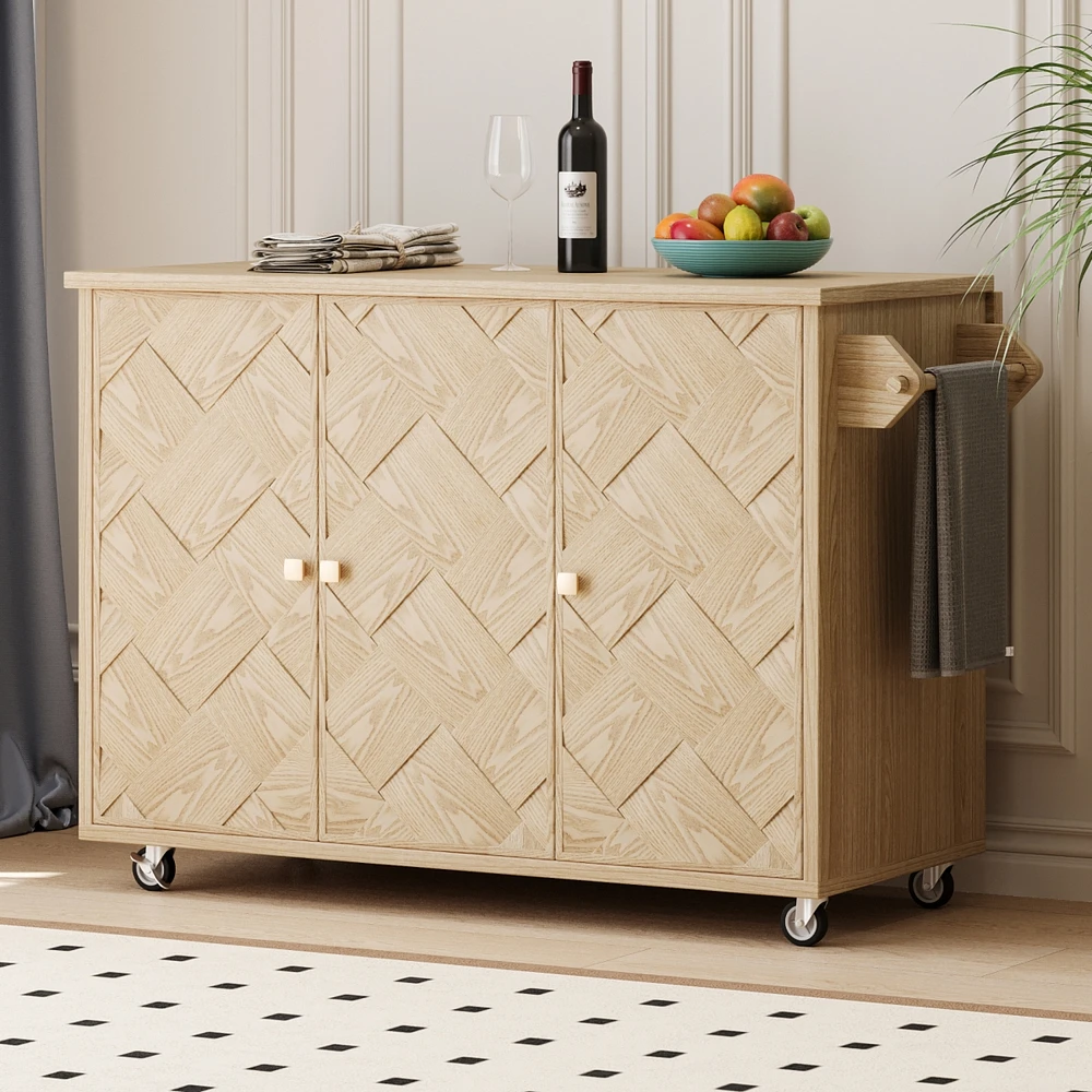 51" Solid Wood Handwoven Kitchen Island on Wheels