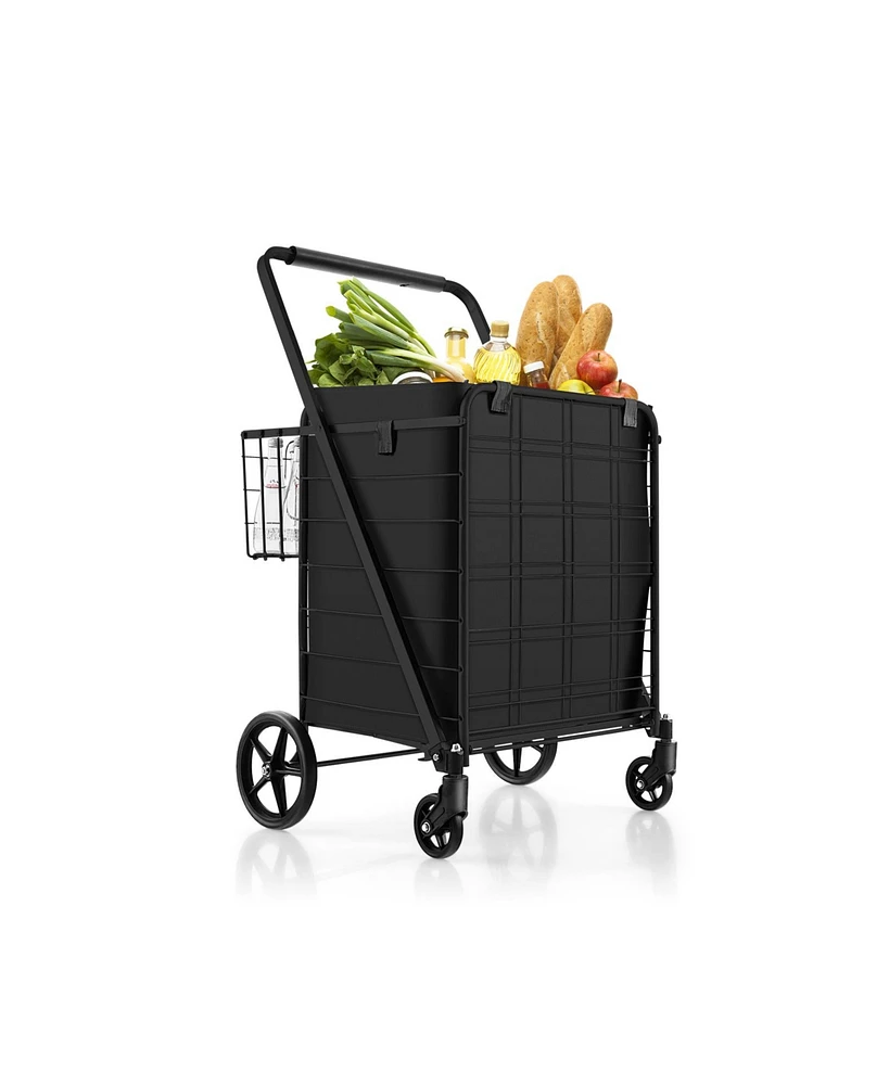 Folding Shopping Cart with Wheels, Basket & Waterproof Liner Portable & Heavy-Duty Grocery Trolley