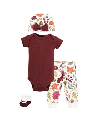 Hudson Baby Girls Thermal Preemie Layette Set 4pc Short Sleeve Outfit, Acorn Botanical, Preemie