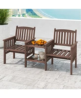 Outdoor Fir Wood Loveseat with 2-Tier Side Table and 1.96" Umbrella Hole