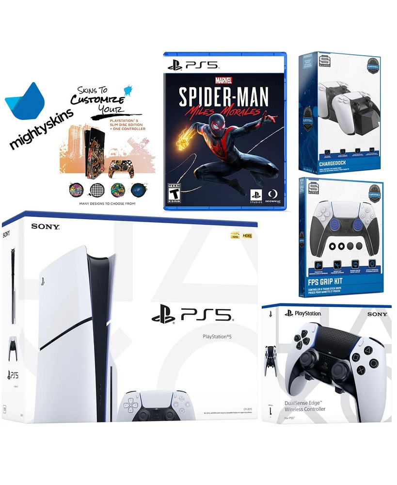 Sony Playstation 5 Slim Disc Bundle with Spider-Man: Miles Morales, Extra Edge Controller, Fps Grip Kit, Dual Charge Dock and MightySkins Decal Vouche