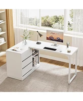 Tribesigns L-Shaped Computer Desk with Drawers and Shelves, Reversible White Corner Office Desk with Storage Cabinet, Study Writing Table for Home Off