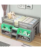 Twin Size Loft Bed with Led Lights with Staircase and Safety Guardrail
