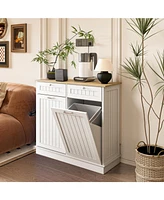 Two-Compartment Tilt-Out Trash Cabinet, Pet Proof Kitchen Trash Cabinet with Trash Can, Free Standing Laundry Sorter Cabinet, Laundry Hamper