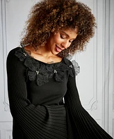 Muse Women's Beaded 3D Floral Applique Bell-Sleeve Top