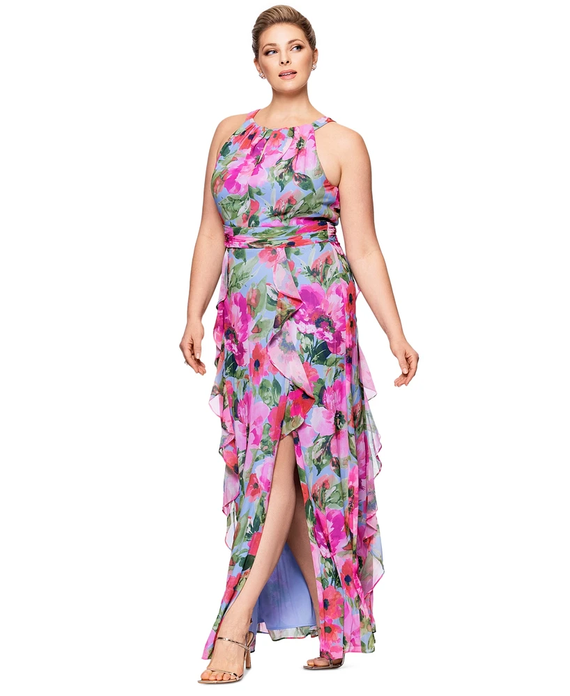 Xscape Plus Printed A-Line Ruffle-Skirt Dress