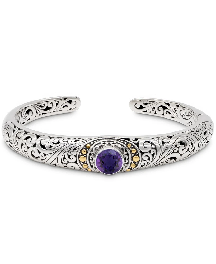 Devata Amethyst & Bali Filigree Cuff Bracelet in Sterling Silver and 18K Gold Accents