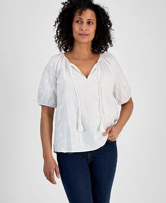 Style & Co Women's Floral-Applique Cotton Peasant Top