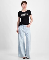 Guess Women's Glitter-Logo Short-Sleeve Crewneck Top